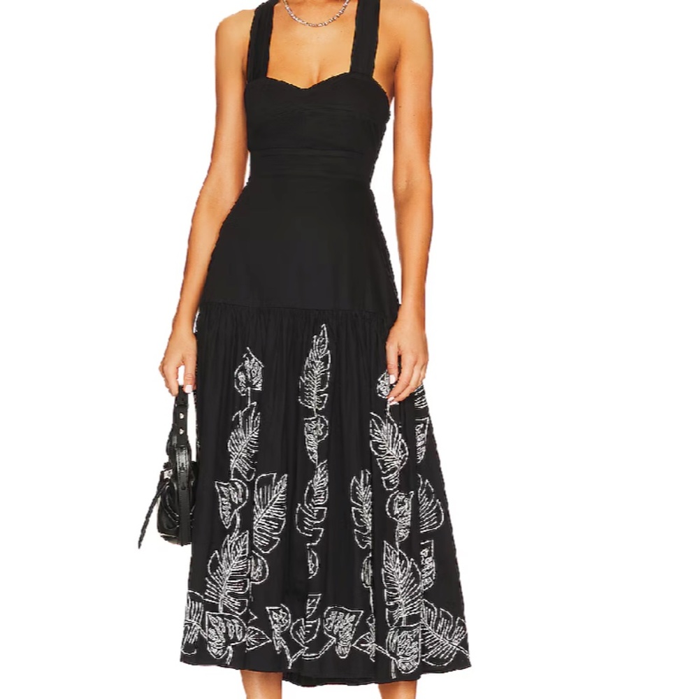 Revolve Karina Grimaldi Serena Embroidered Floral Black Sleeveless Midi Dress M